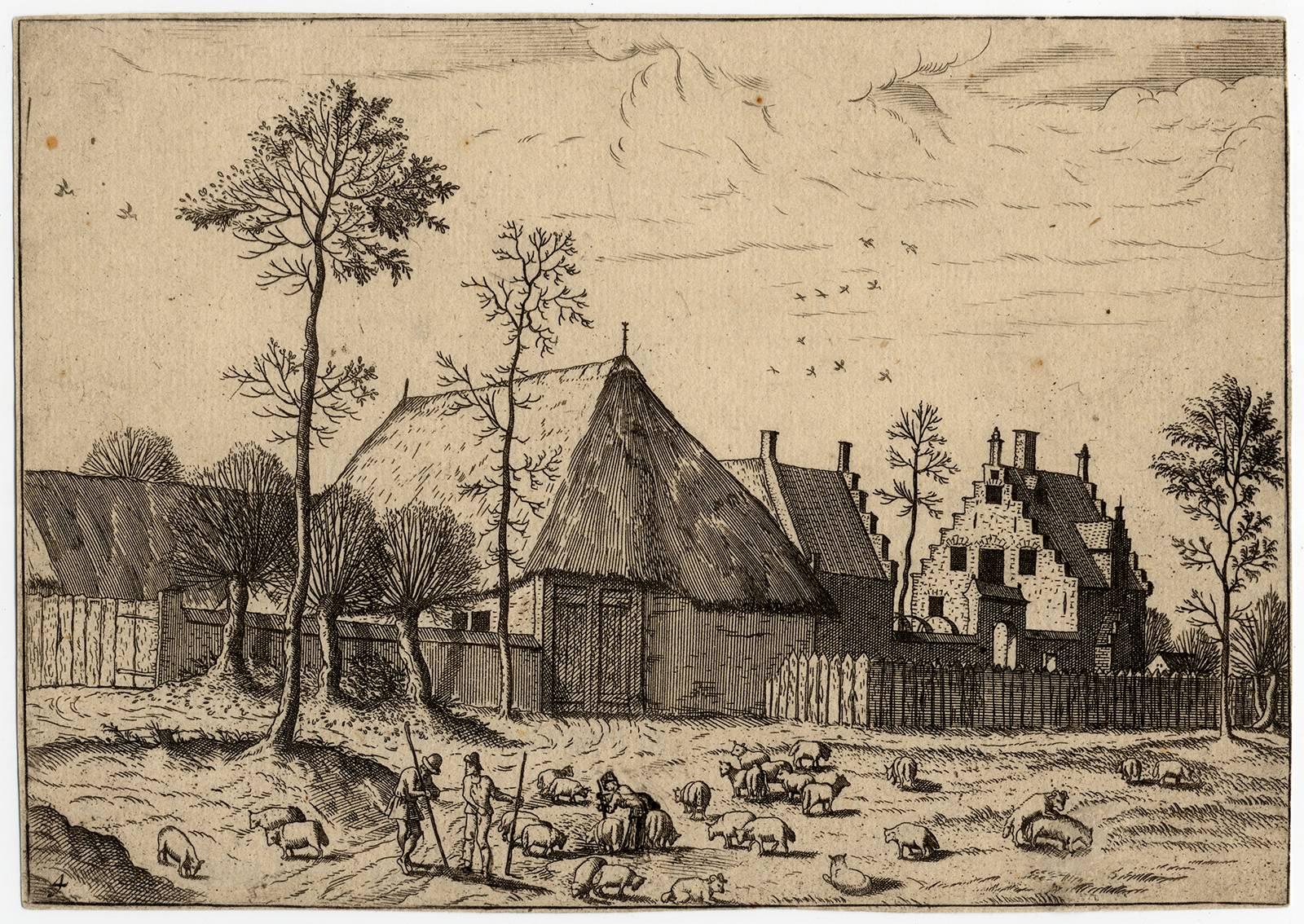 Johannes van Doetecum Landscape Print - Untitled - Barn and farmyard.