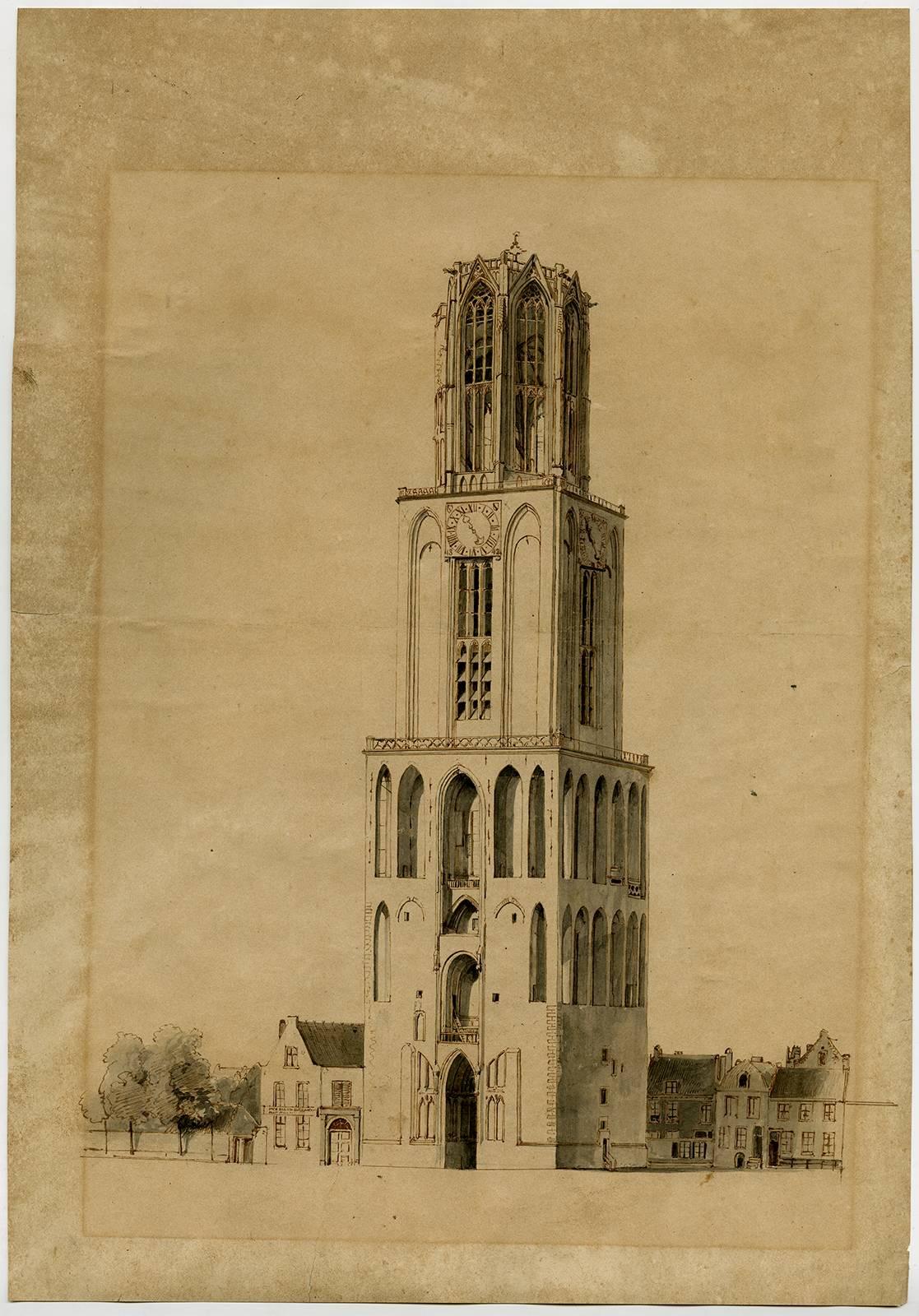 Unknown Landscape Art - Original drawing of the Domtoren (Dom tower), Utrecht