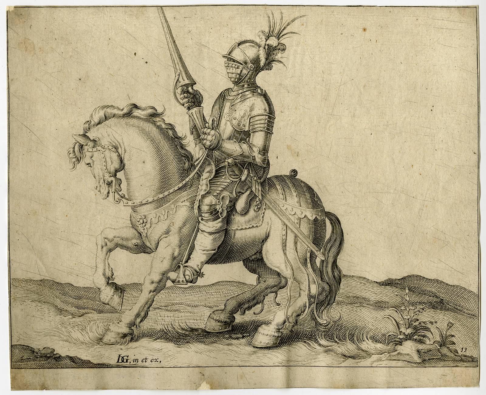 Jacob de Gheyn II Figurative Print - Untitled - A lancer on horseback in full plate armor