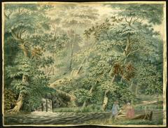 Untitled watercolor - Two figures near a pond in a forest.