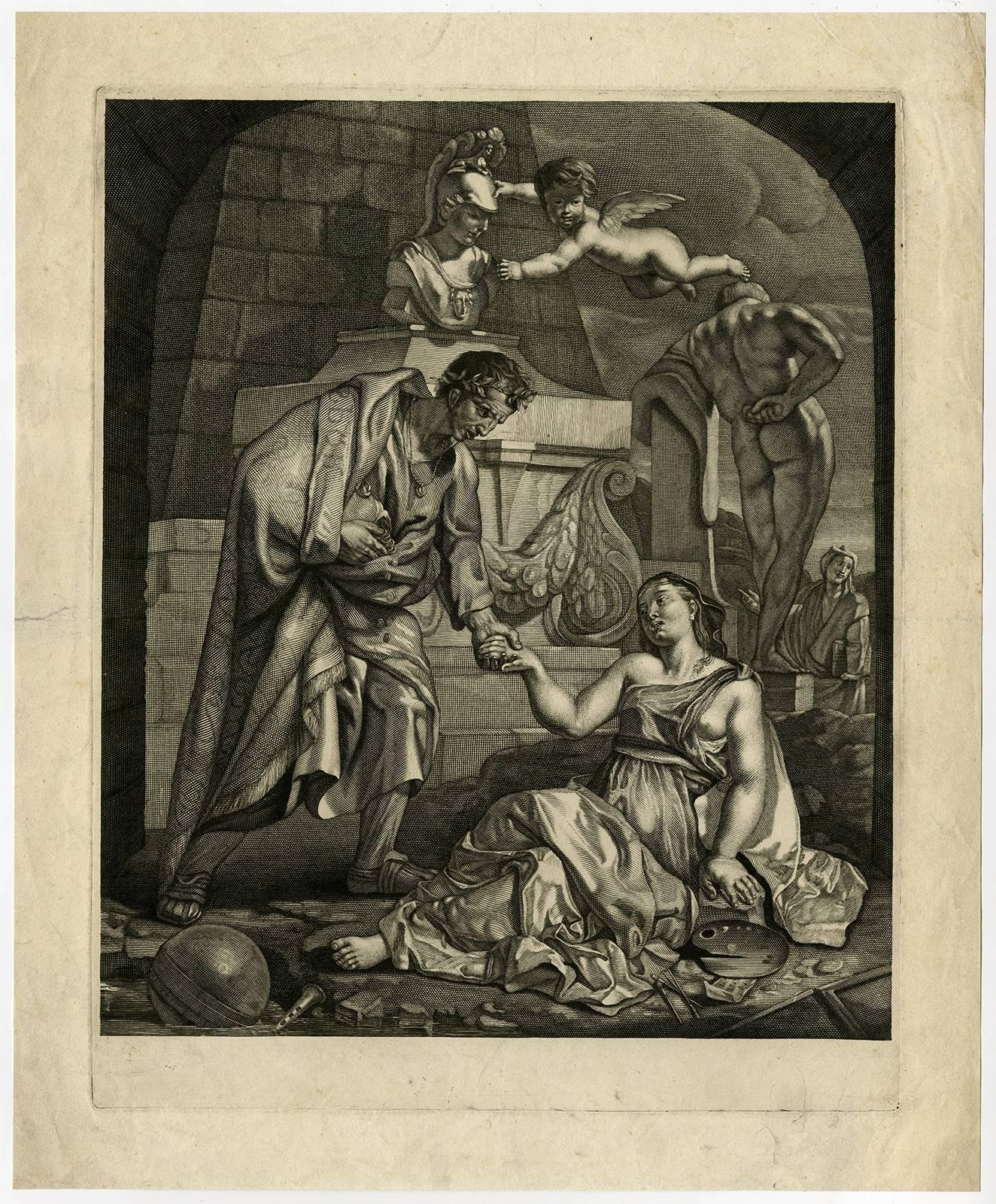 Gerard de Lairesse Figurative Print - Untitled allegory - Emperor Augustus helps a woman up