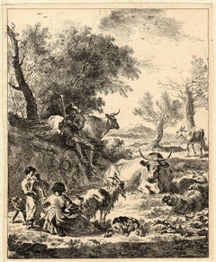 Antique Untitled - Landscape with a farmer's family shepherding cattle.
