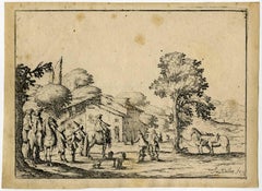 Untitled - Hunting party with falcons in front of an inn.