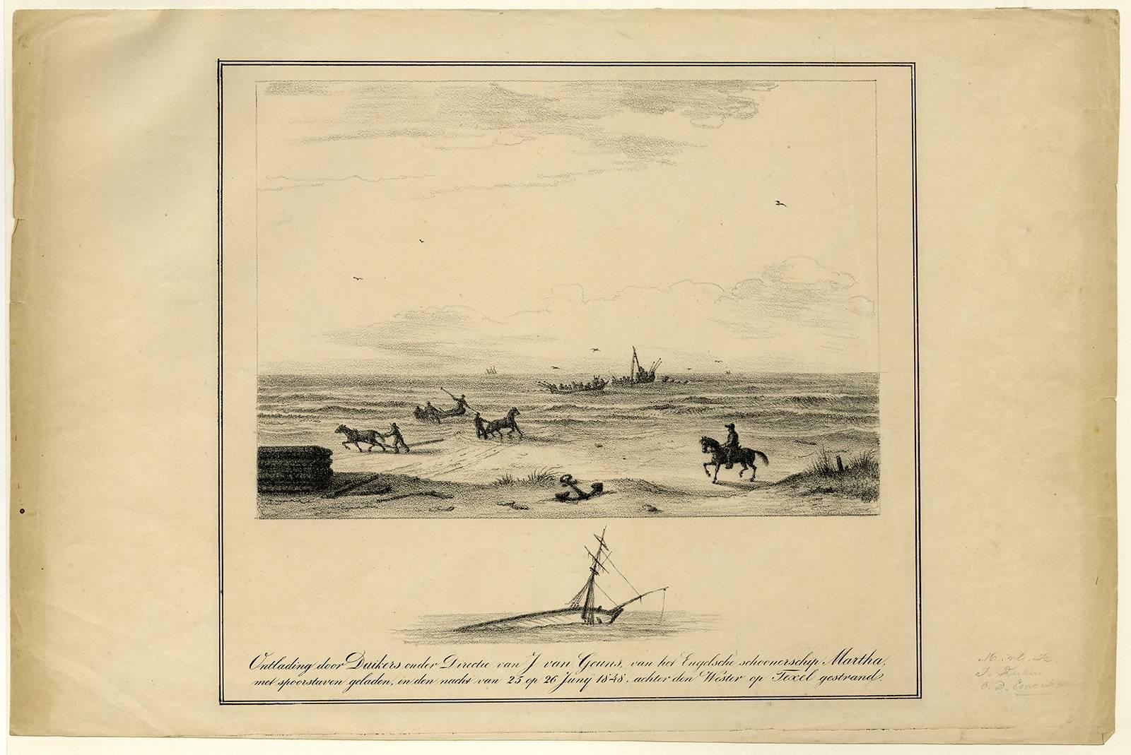 Johannes Reekers Landscape Print - Ontlading der duikers van het schoenerschip Martha.