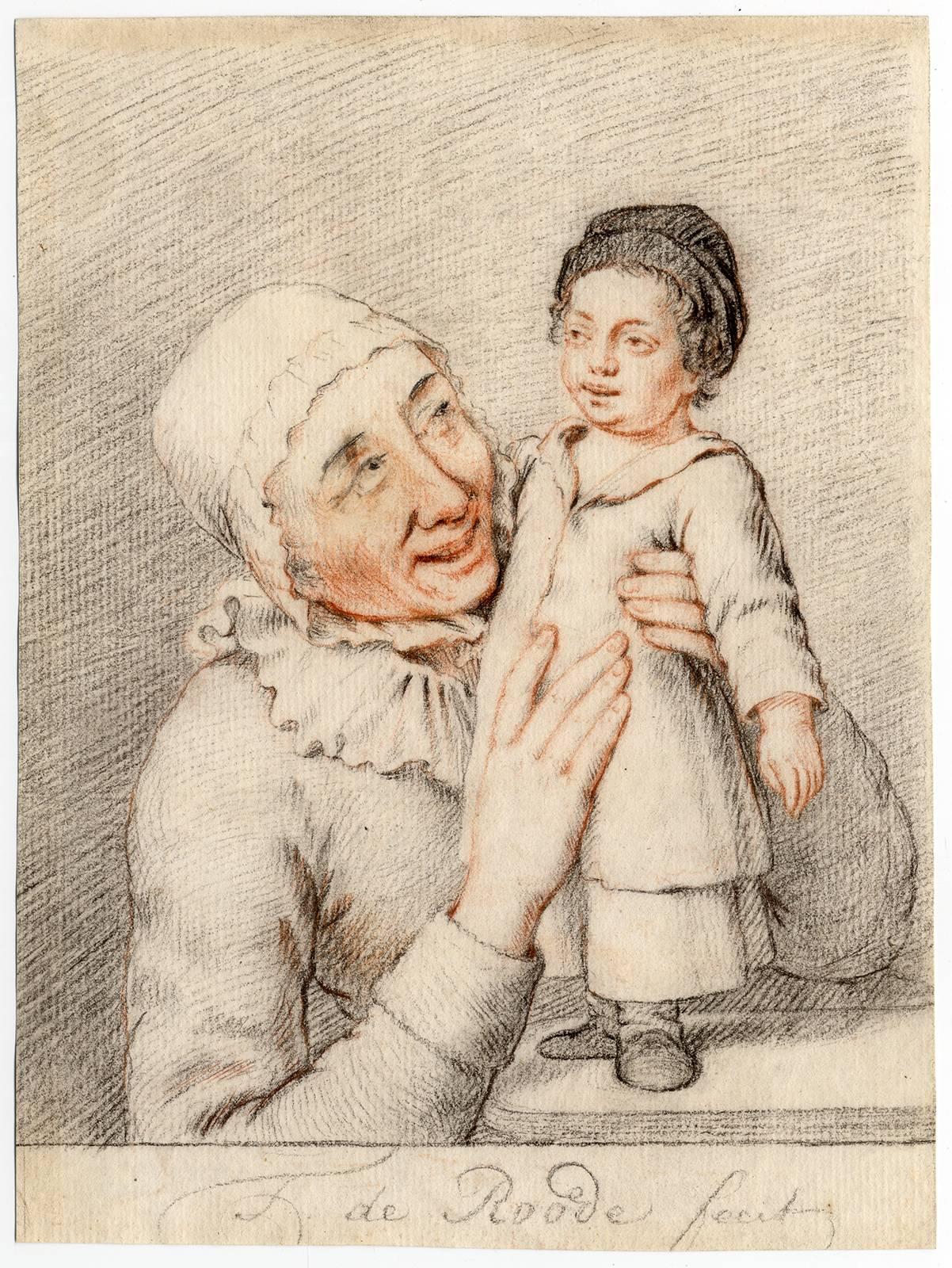 Theodorus de Roode Figurative Art - Untitled - Grandmother smiling at a (grand)child.