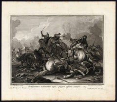 Set of four prints with soldiers on horseback in combat.