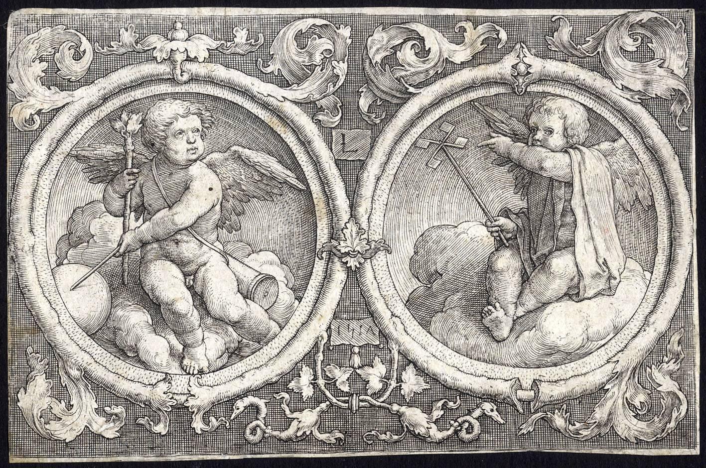 Lucas van Leyden Figurative Print - Untitled - Two putti seated on clouds in circles with grotesque tendrils.