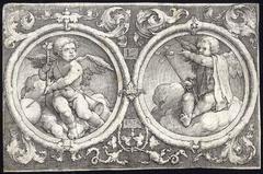 Untitled - Two putti seated on clouds in circles with grotesque tendrils.