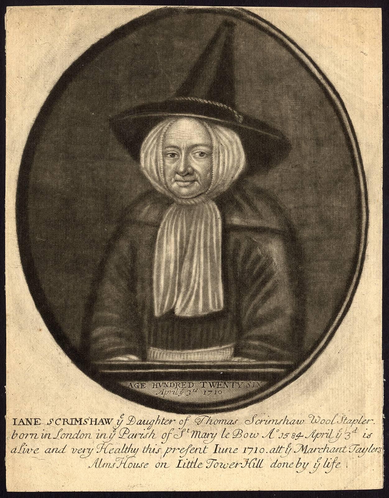 John Faber the Elder Portrait Print - Iane Scrimshaw, age hunrde twenty six april ye 3rd 1710.