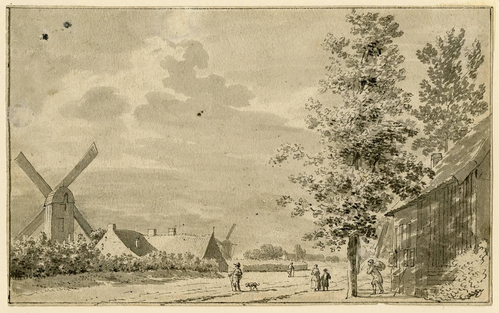 Jordanus Hoorn Landscape Art - Untitled - Landscape with a windmill and several structures and figures.