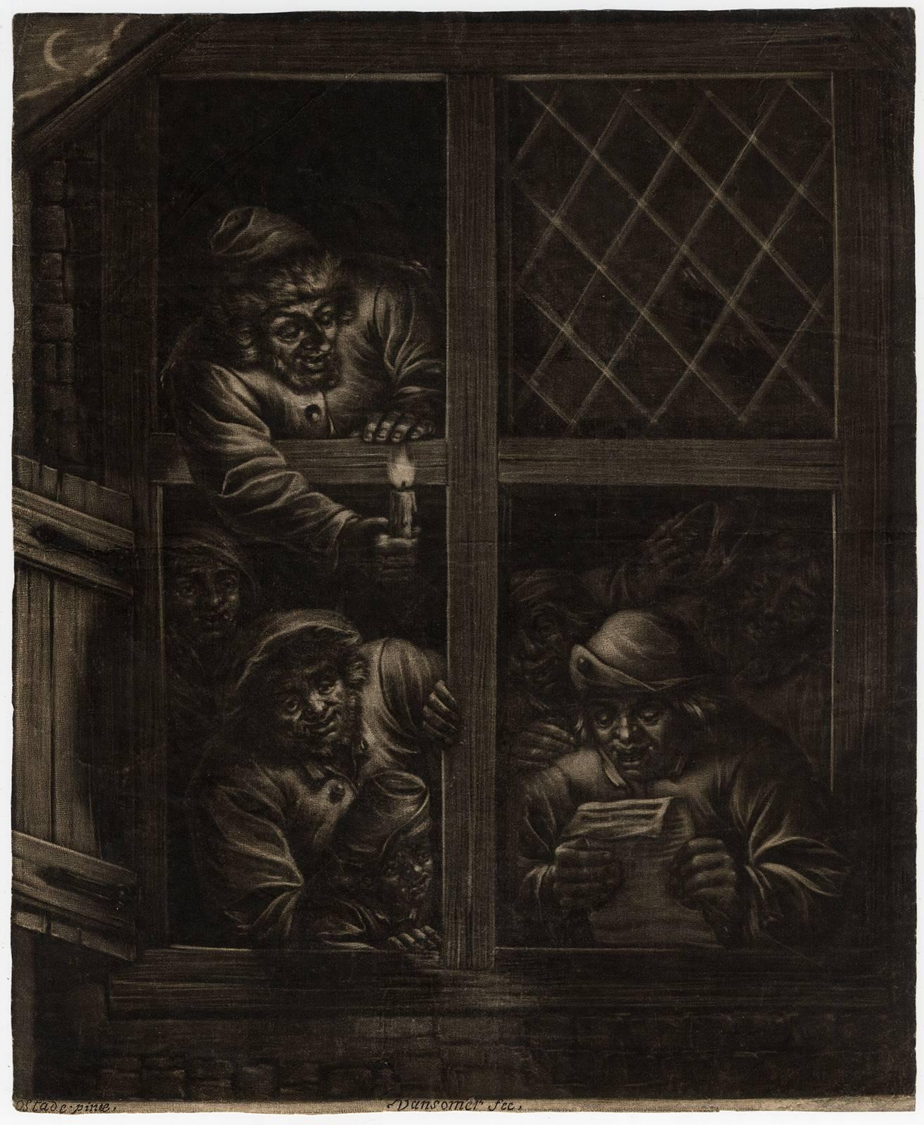 Jan van Somer Figurative Print - Untitled - Group of singing men in a window with candlelight.