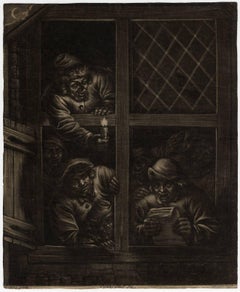 Untitled - Group of singing men in a window with candlelight.