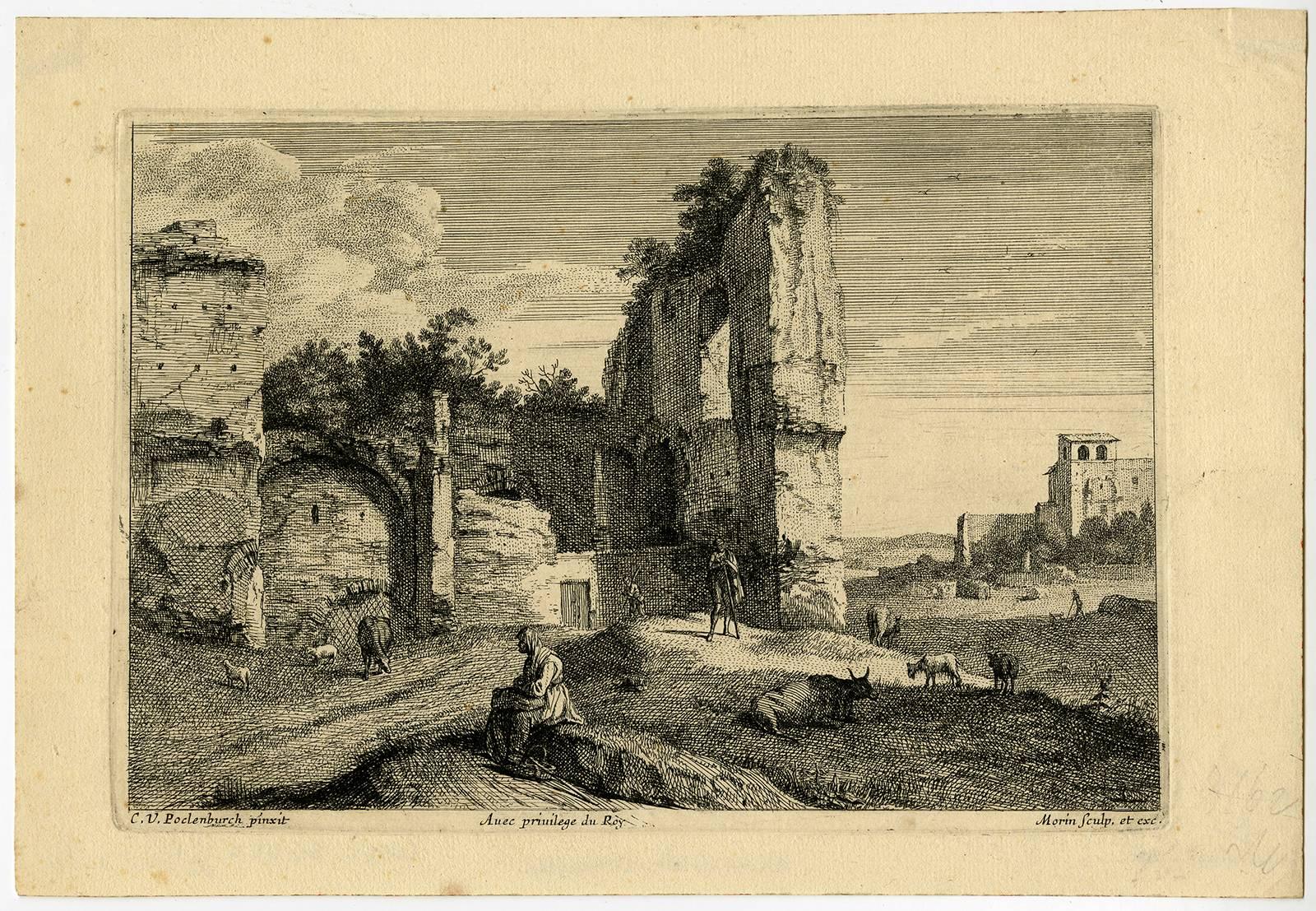 Jean Morin Landscape Print - Untitled - Landscape with classical ruins and an old woman sitting near a herd.