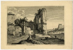 Untitled - Landscape with classical ruins and an old woman sitting near a herd.