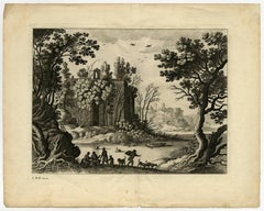 Untitled - Landscape with a large ruin near a lake, several figures on the bank.