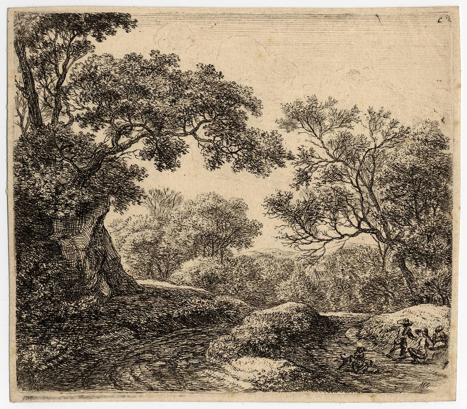Anthonie Waterloo Landscape Print - Untitled - Three boys and their dogs.