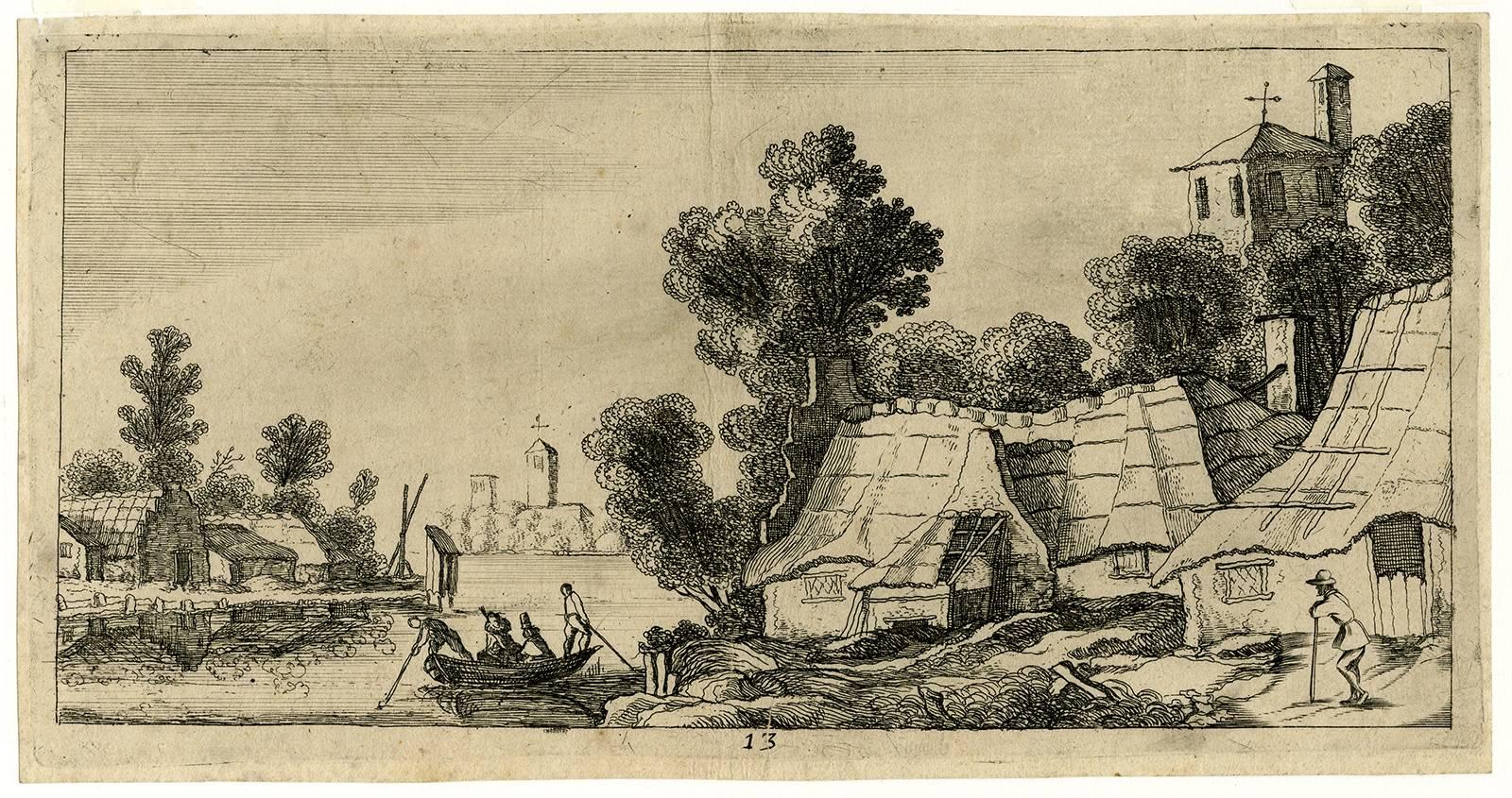 Claude Savary & Barthelemy Gaultier Landscape Print - Untitled - A river with boat and a village with farms.