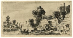 Antique Untitled - A river with boat and a village with farms.