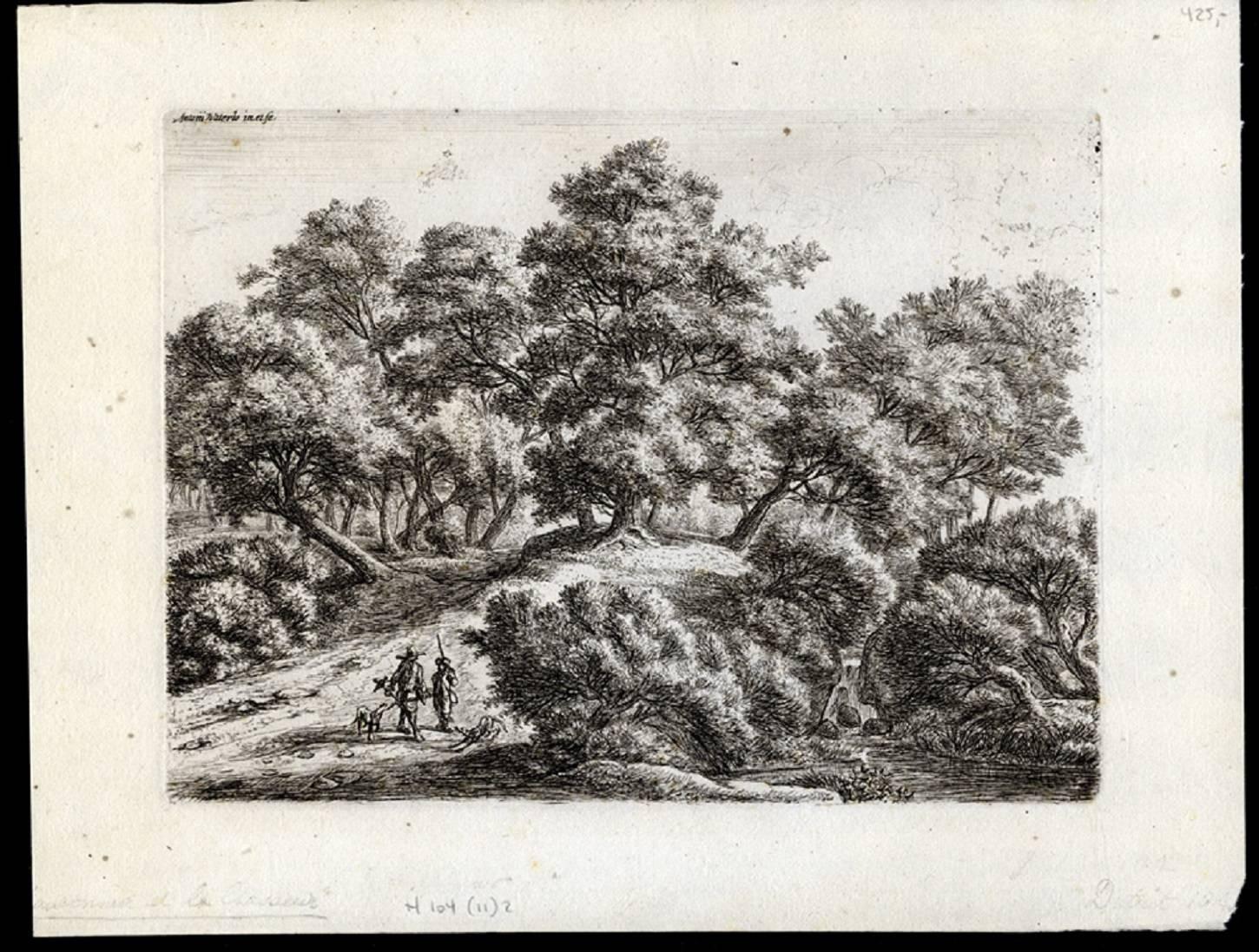 Anthonie Waterloo Landscape Print - Plate: Landscape with 2 hunting men and their dogs. 