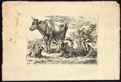 Sans titre - Bovins reposant : vaches et moutons dans un paysage.