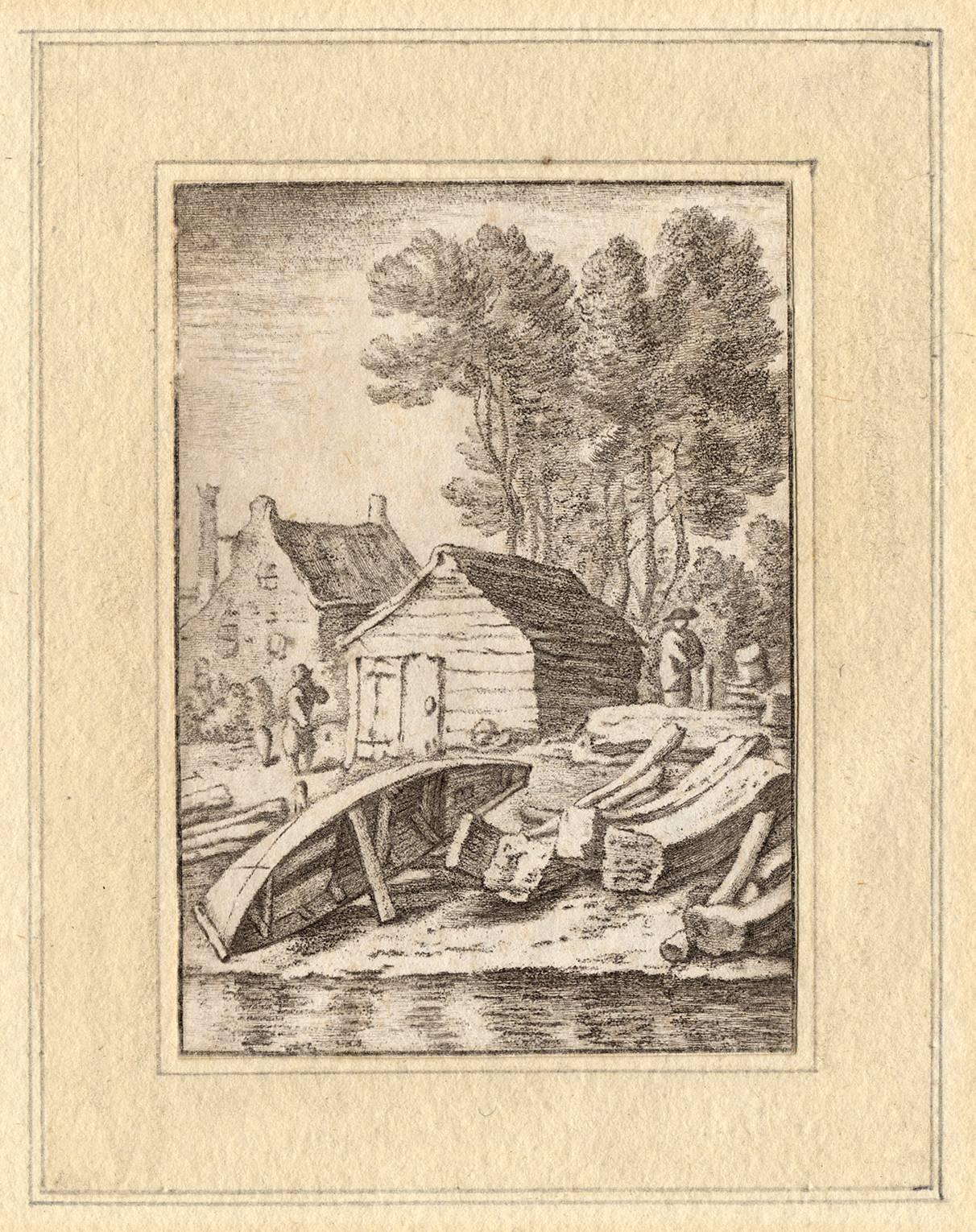 Cornelis Ploos van Amstel Landscape Print - Set of 2 prints: A ship's wharf & A bend in the river with a ship.