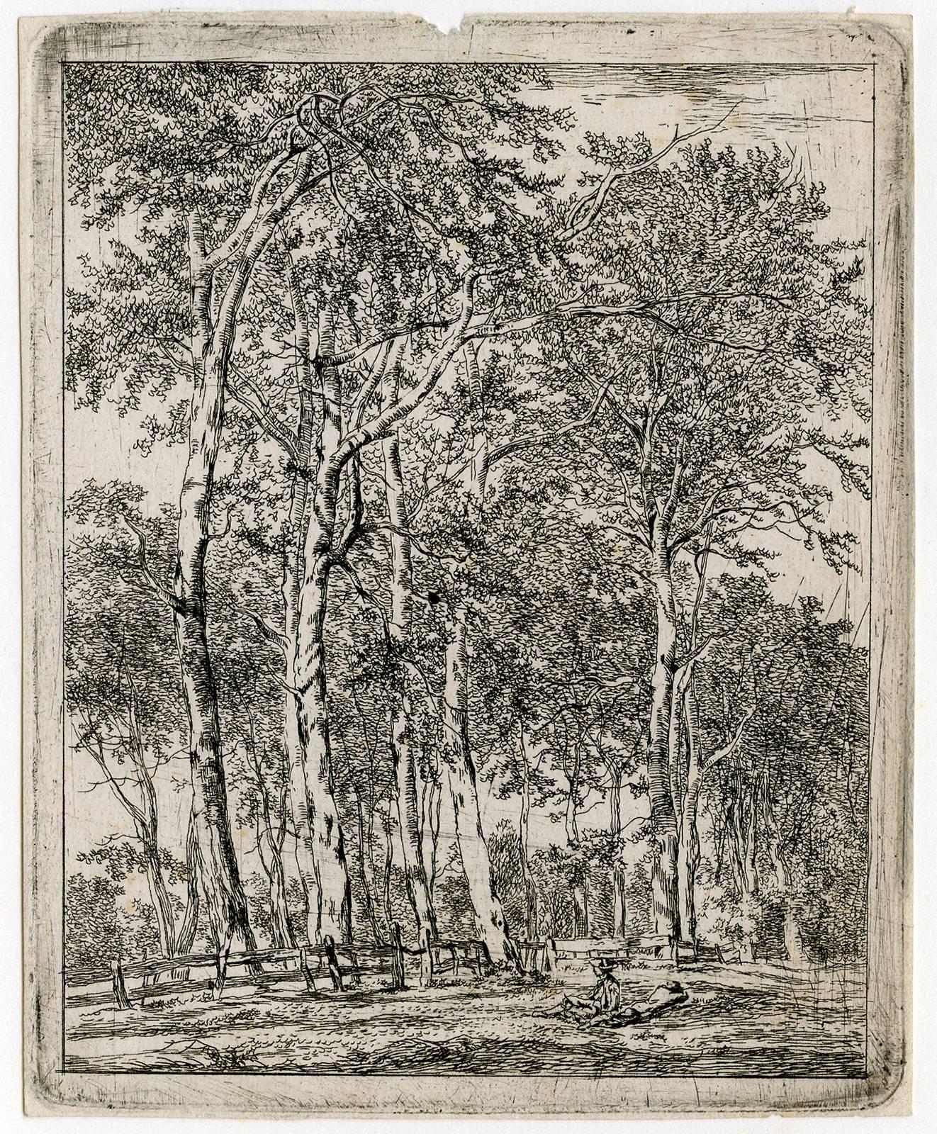 Hermanus van Brussel Landscape Print - Untitled - A copse of trees with two resting figures in the foreground.