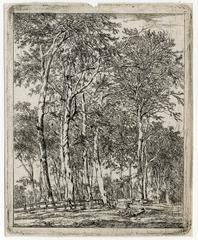 Untitled - A copse of trees with two resting figures in the foreground.