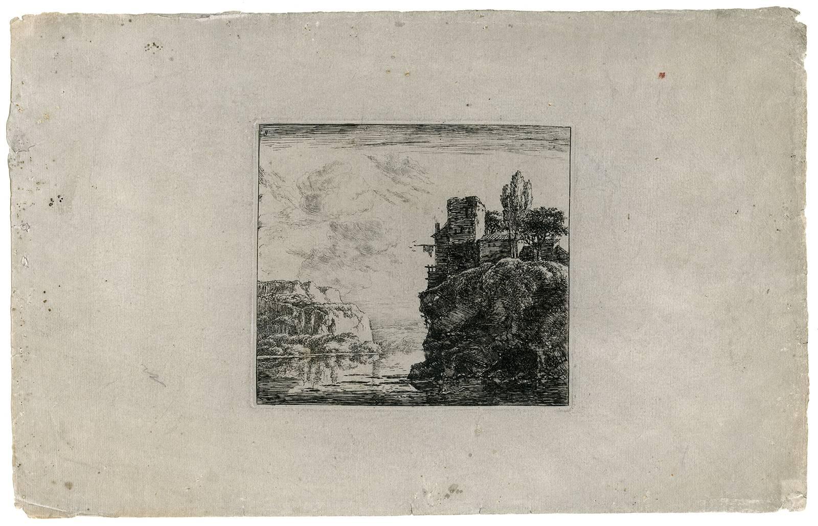 Herman Naywinx Landscape Print - Untitled - Landscape with a house on an overhanging rocky slope.