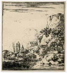 Untitled - Landscape with a large hill / cliff near a stream.