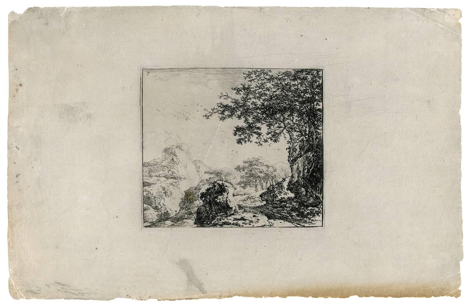 Herman Naywinx Landscape Print - Untitled - Landscape with overhanging treas and hills.