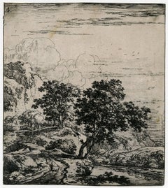 Untitled - Landscape with a trees and cliffs near a stream.