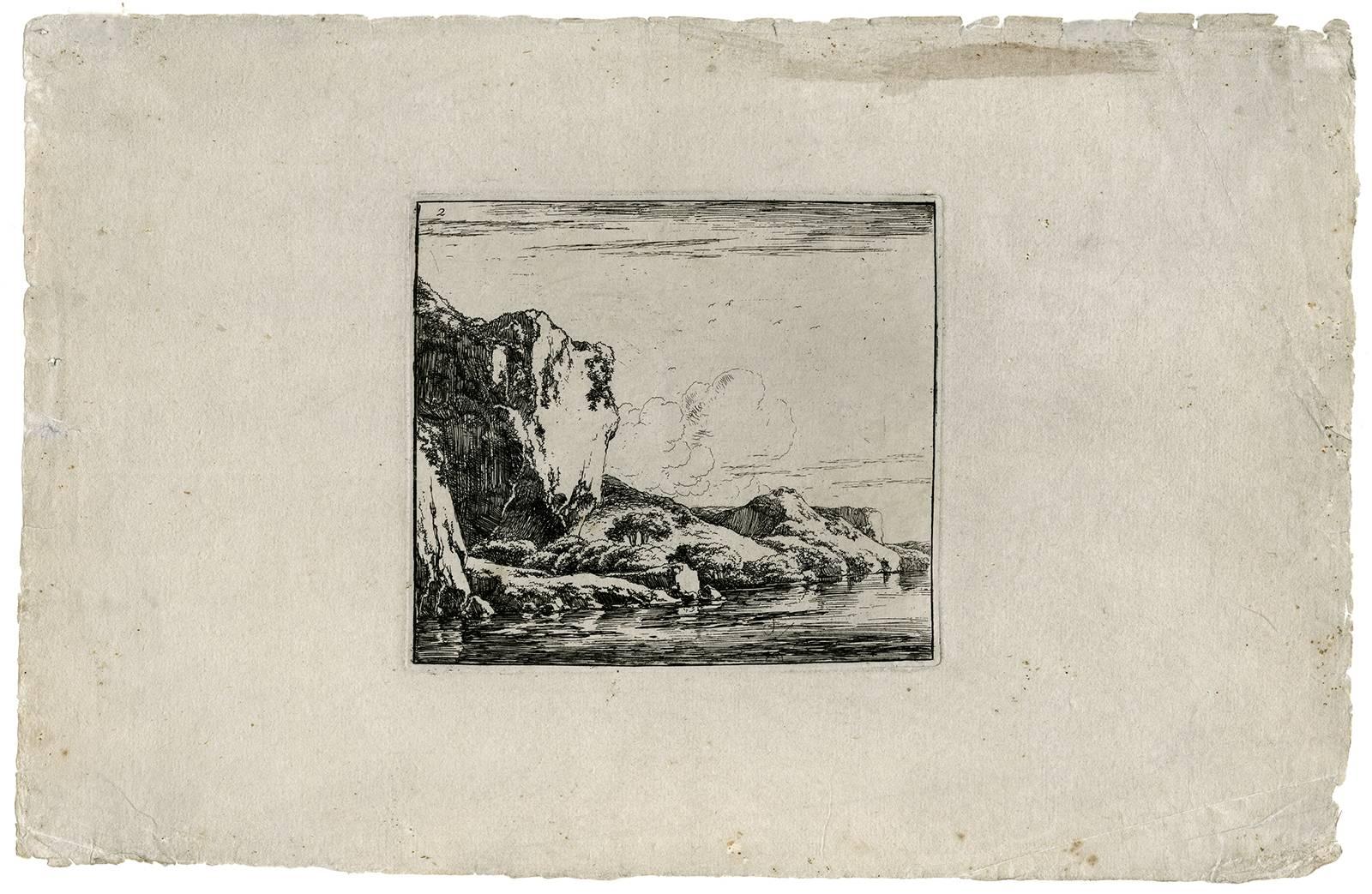 Herman Naywinx Landscape Print - Untitled - Landscape with large rock / cliff near a stream.