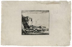 Untitled - Landscape with large rock / cliff near a stream.