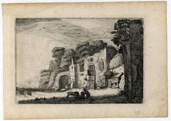 Antique Untitled - Landscape with dilapidated farm and a swine herd.