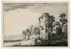 Untitled - Landscape with a large tower and a well.