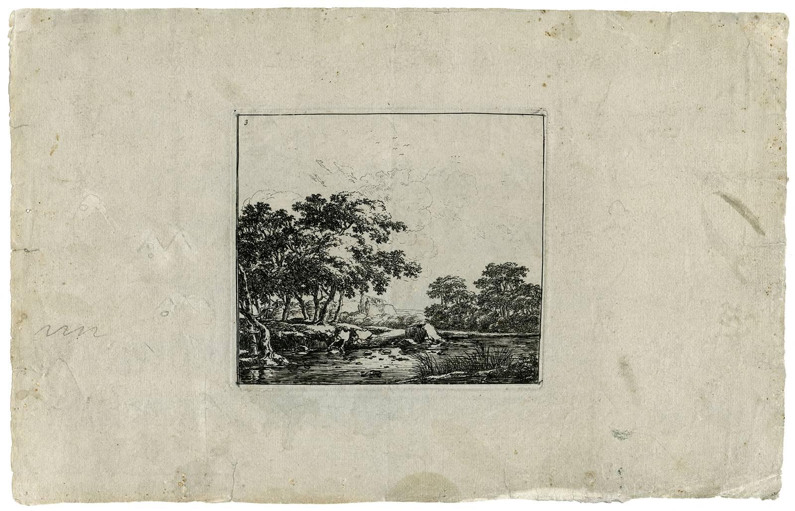 Herman Naywinx Landscape Print - Untitled - Landscape with trees on the bank of a stream.