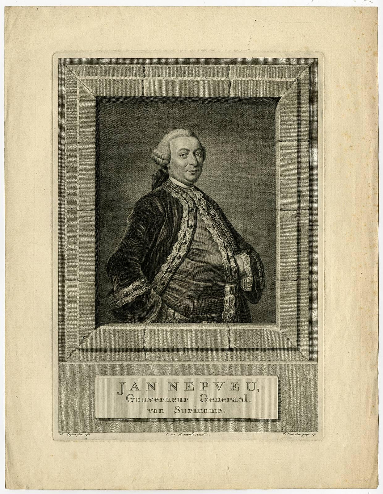 Jakob Houbraken Portrait Print - Jan Nepveu, Gouverneur Generaal van Suriname.