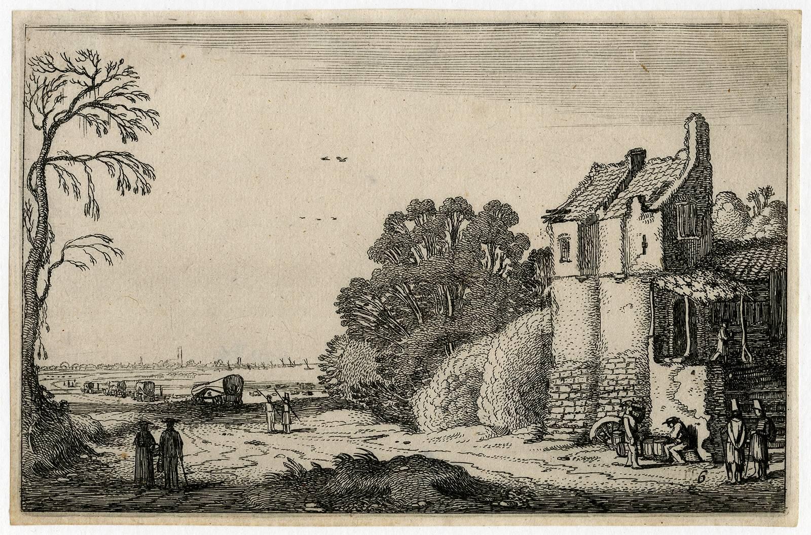Jan Van de Velde Landscape Print - Untitled - Landscape with a road and lodge and carriages moving toward a city.