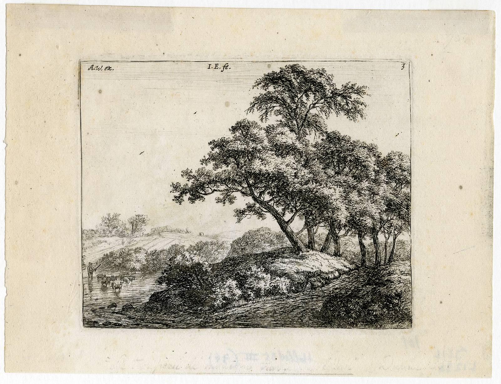 Anthonie Waterloo Landscape Print - Untitled - Landscape with a group of tree near a lake.