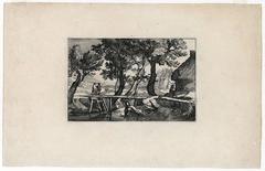 Untitled - Landscape with a small wooden bridge over a stream.