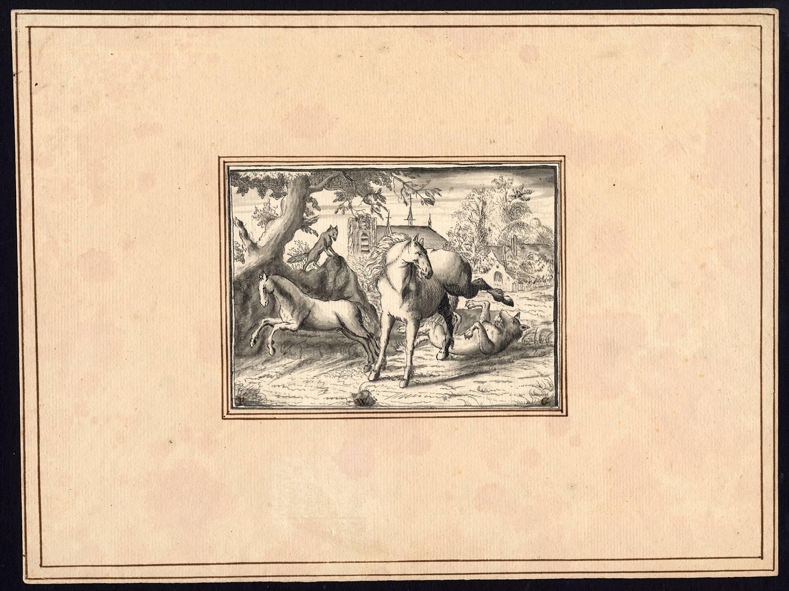 Allaert van Everdingen Animal Art - Untitled - Isengrin the wolf is trampled by two horses.