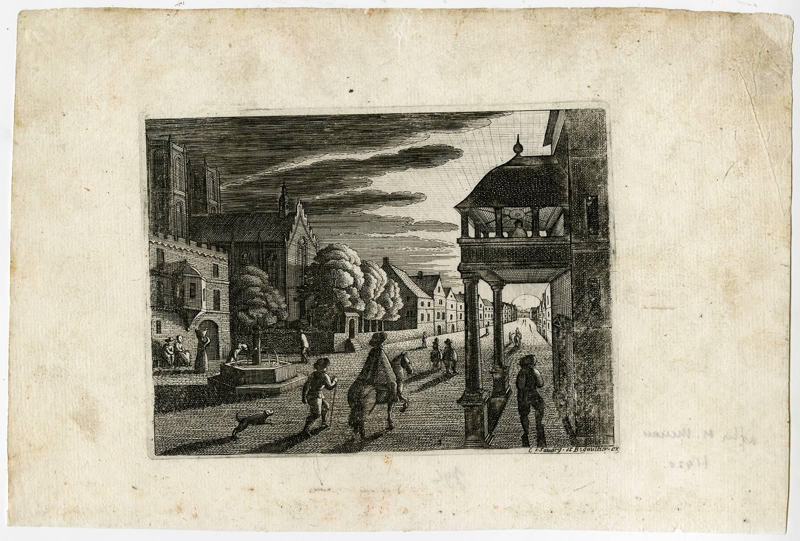 Unknown Figurative Print - Untitled - A street scene with the sun setting.