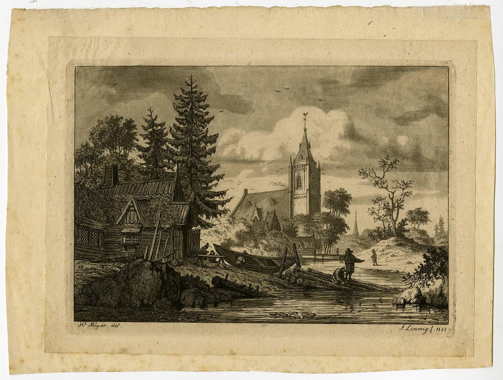 Egidius Linnig Landscape Print - Untitled - View of a village with a church.