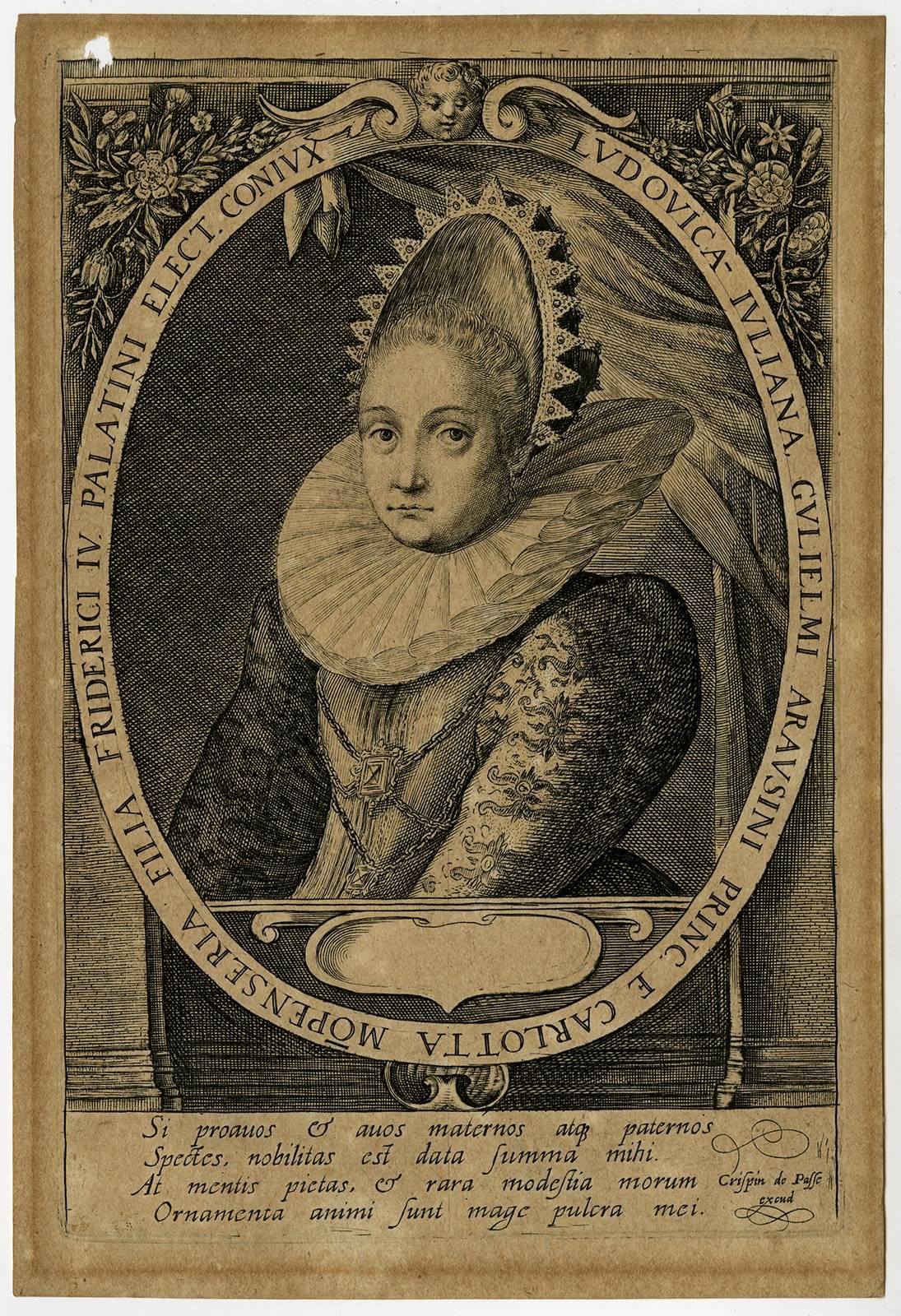 Crispin de Passe the Elder Portrait Print - Ludovica Juliana Gulielmi Arausini [..]. Portrait of Louise Juliana of Orange.
