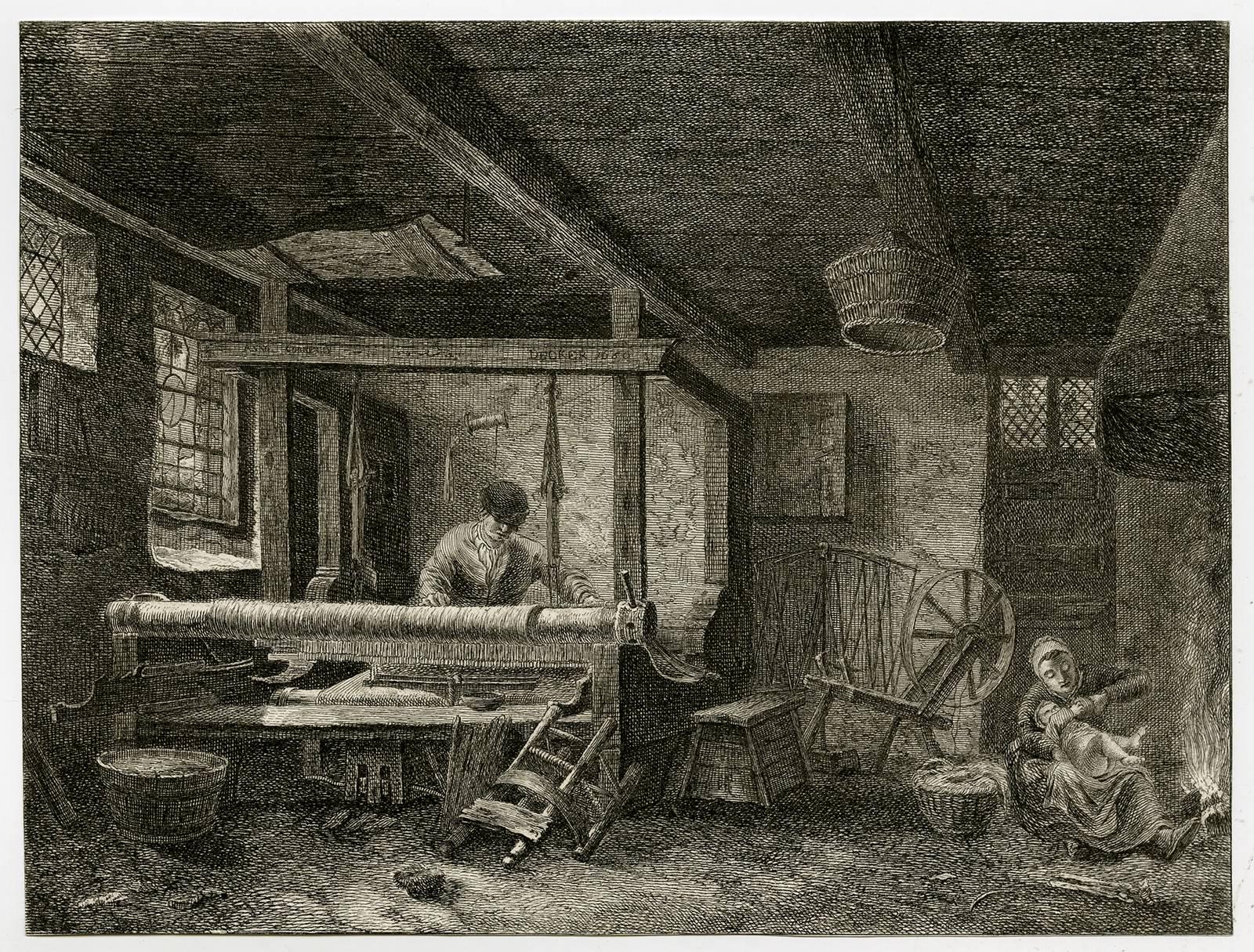 Unknown Figurative Print - Untitled - An interior of a house with a man working at a loom.