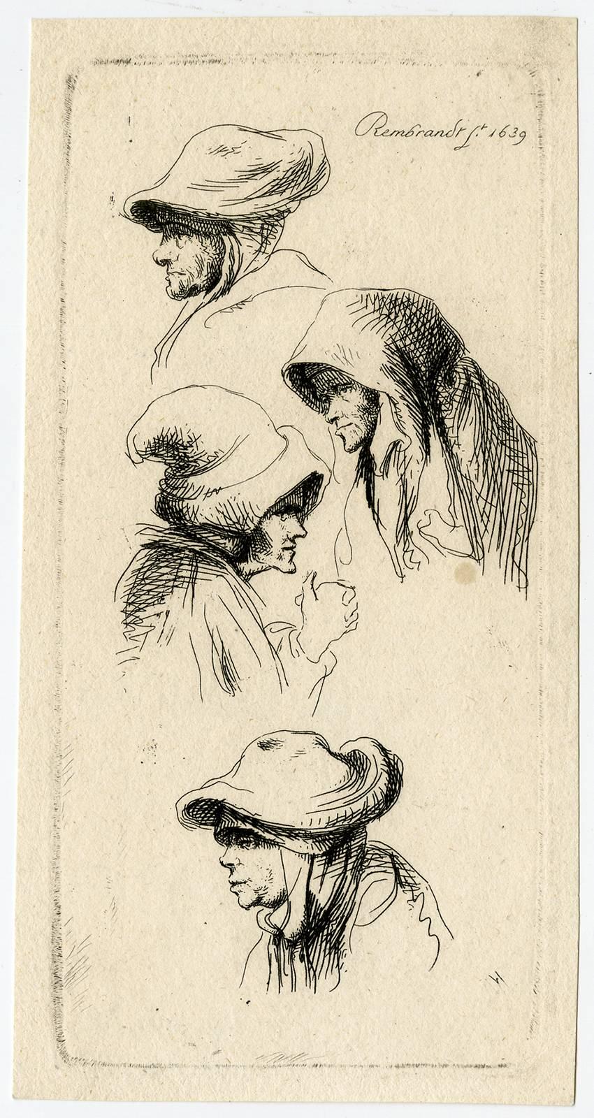 Ignace Joseph de Claussin Portrait Print - Untitled - Studies of heads, all wearing headdresses.
