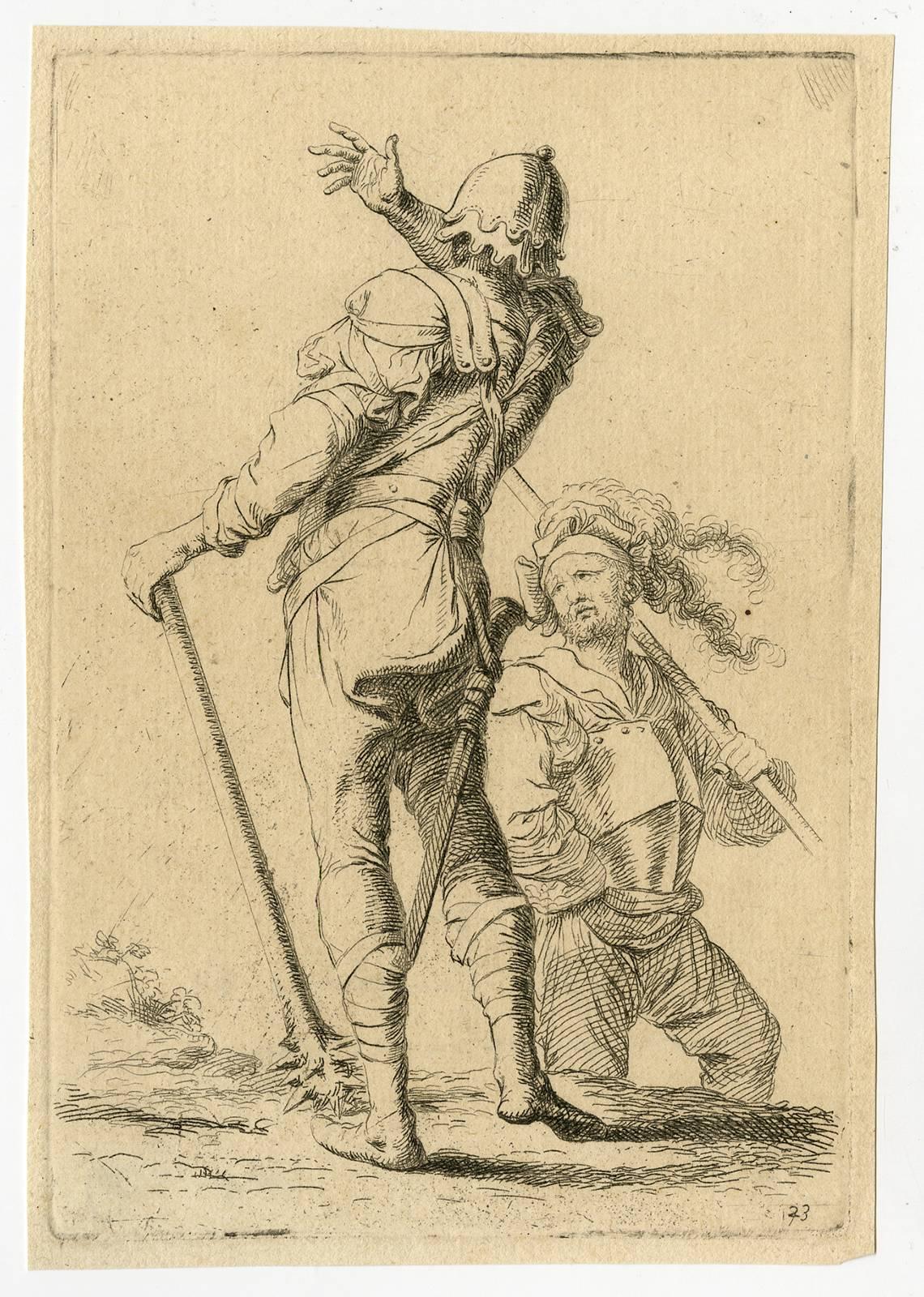 Unknown Figurative Print - Untitled - Depiction of two soldiers, one raising his arm to strike the other.