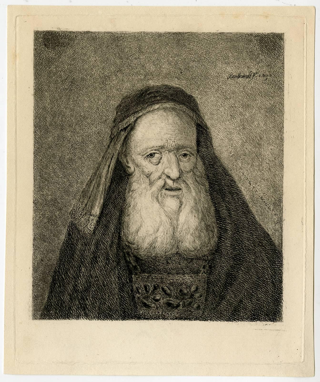 Unknown Portrait Print - Untitled - A robed and hooded old man.