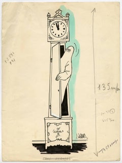 Untitled - Original cartoon design showing a ghost peering out of a clock.