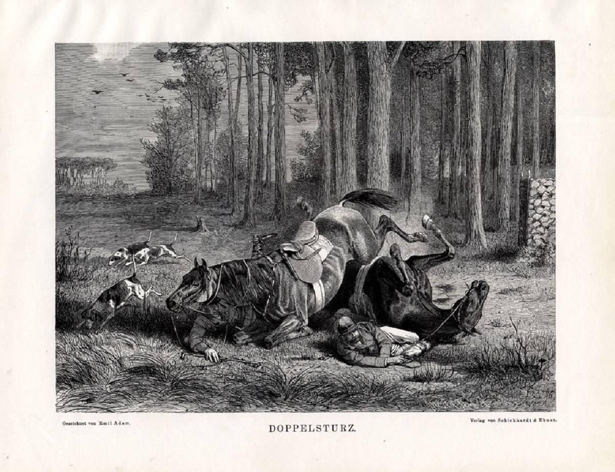 Emil Volkers Animal Print - Doppelsturz -  Hunting scene with an accident involving two drag hunters.